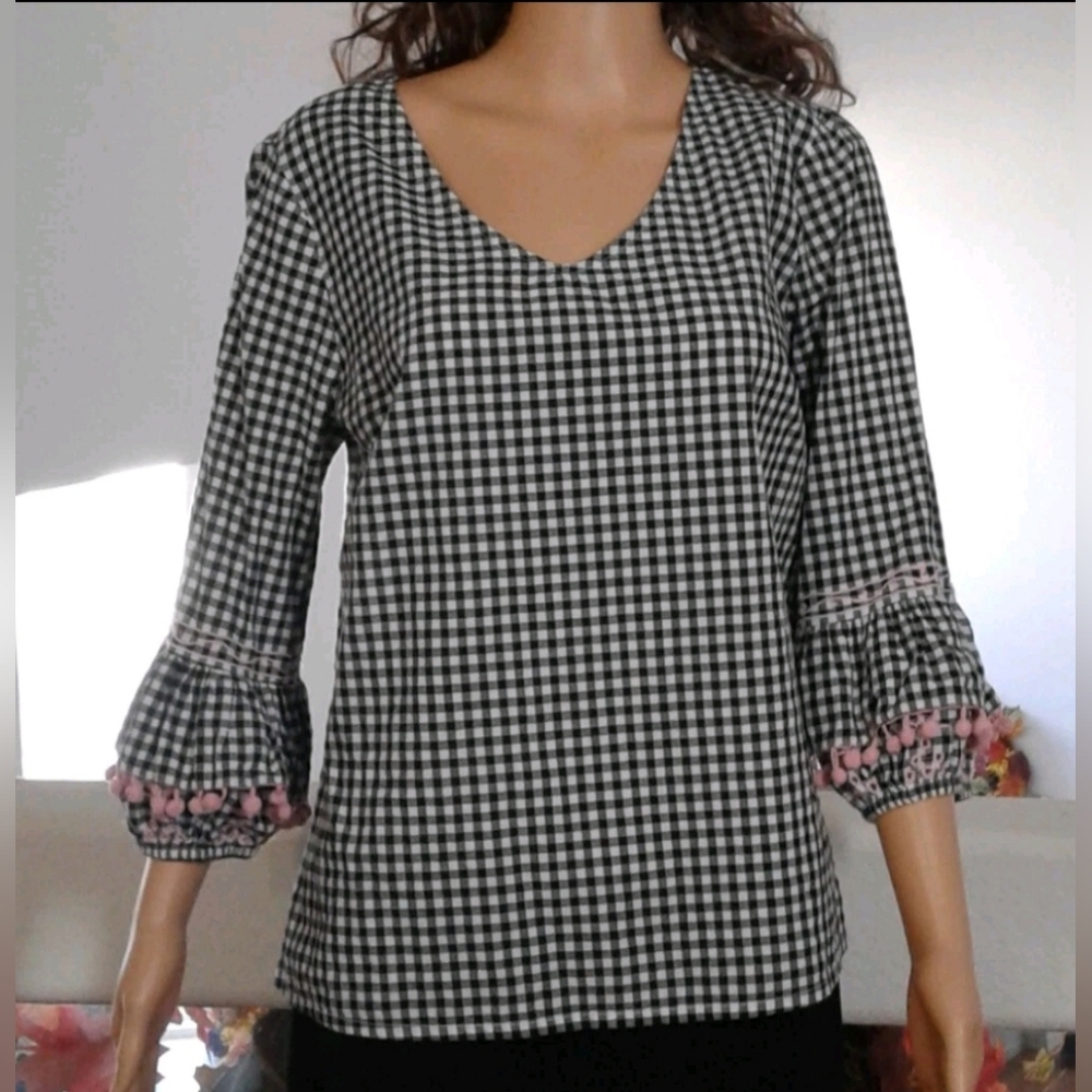 Baku Gingham Checkered Blouse Pink Pom Pom Bell Sleeves Size Large UEC